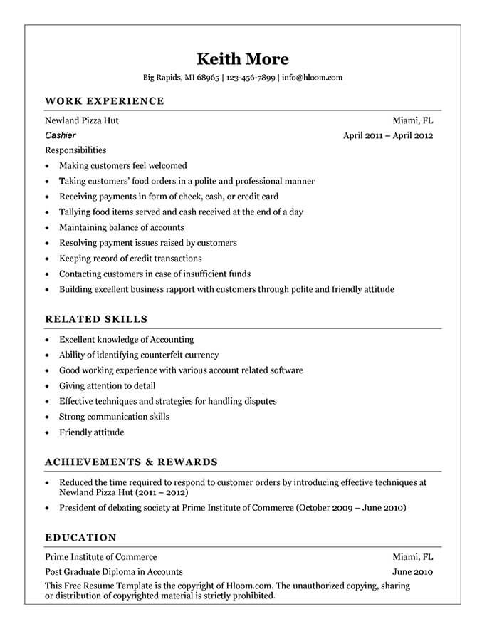 Cashier teller resume