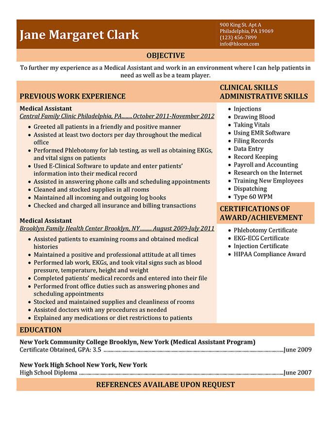 free resume template for medical assistant
