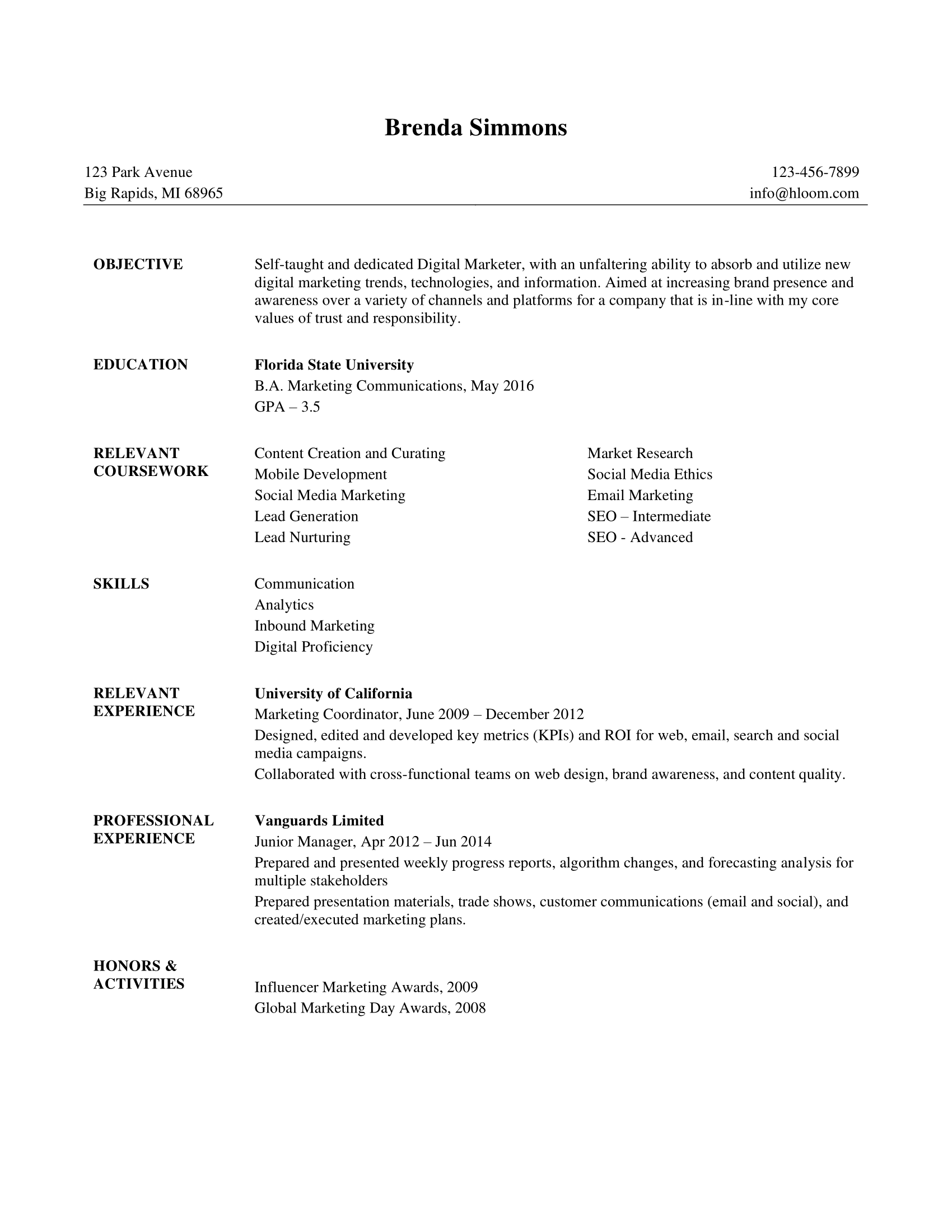 resume example for intern