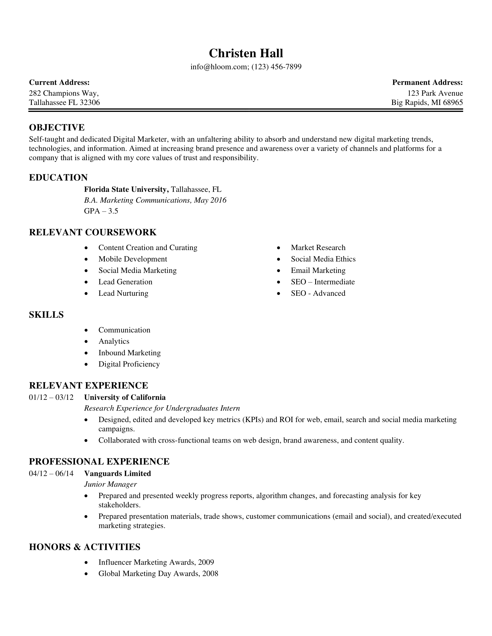 sample resume college student seeking internship